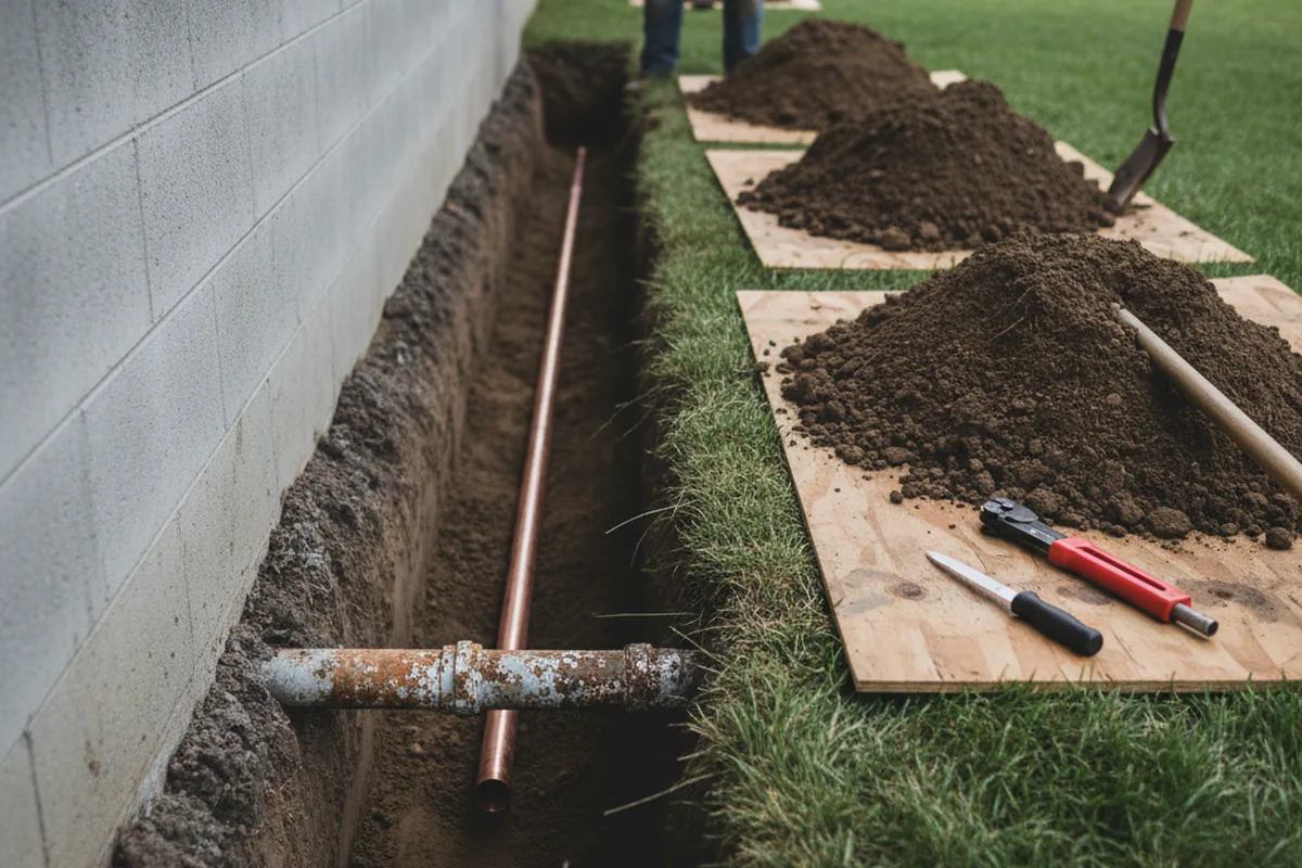 Excavated water line trench during Water Softener Installation in Jonancy